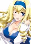 1girl blonde_hair blue_eyes blush breasts cecilia_alcott cleavage drill_hair female hairband infinite_stratos long_hair one_eye_closed simple_background solo white_background wink yamaki_suzu