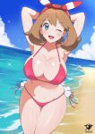 1girl ;d alluring arms_behind_head beach big_breasts bikini blue_eyes blue_sky bow brown_hair cleavage cloud collarbone cowboy_shot creatures_(company) game_freak hair_bow kaos_art looking_at_viewer may may_(pokemon) navel nintendo ocean one_eye_closed open_mouth pokemon pokemon_oras red_bikini sky smile swimsuit teeth upper_teeth_only