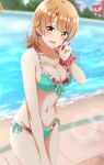 1girl 1girl :d alluring beach bikini blurry blurry_background blush breasts brown_hair cleavage cowboy_shot dars_(recolors) day earrings green_bikini hand_up heart heart_earrings high_res isshiki_iroha jewelry lens_flare looking_at_viewer medium_breasts medium_hair my_teen_romantic_comedy_snafu navel open_mouth outside scrunchie side-tie_bikini_bottom smile stomach swimsuit water wrist_scrunchie yahari_ore_no_seishun_lovecome_wa_machigatteiru. yellow_eyes