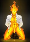  1boy 2d 2d_(artwork) abs black_background bondage bottomless bound clothed clothing cum dark_background digital_media_(artwork) drooling elemental elemental_creature elemental_humanoid eyewear fire fire_elemental glasses grillby high_res humanoid kneel ksuriuri male male_only monster monster_boy muscular muscular_male no_pants orange_body orange_penis pants_around_legs pants_pulled_down penis rectangular_eyewear rectangular_glasses shirt solo_male submissive third-party_source unbuttoned unbuttoned_shirt undertale undertale_(series) video_games 