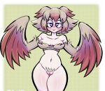  1girl assfiend bird_girl freckles freckles_on_face heart-shaped_pupils ishuzoku_reviewers mimilo_(ishuzoku_reviewers) navel pubic_hair tagme wings 