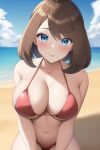 1girl alluring beach big_breasts bikini blue_eyes brown_hair cleavage creatures_(company) creatures_inc. game_freak haruka_(pokemon) may_(pokemon) nintendo ocean pokemon zengai