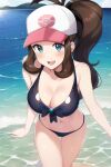  1girl alluring beach big_breasts bikini blue_eyes blue_sky breasts brown_hair cleavage creatures_(company) creatures_inc. female_protagonist_(pokemon_bw2) game_freak hilda_(pokemon) humans_of_pokemon light-skinned_female nintendo ocean pokemon pokemon_(anime) pokemon_(game) pokemon_black_2_&amp;_white_2 pokemon_black_and_white pokemon_bw pokemon_bw2 porkyman touko touko_(pokemon) white_(pokemon) zengai 