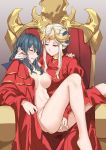  2_girls 2girls blush breasts byleth_(female) byleth_(fire_emblem) byleth_(fire_emblem)_(female) closed_eyes clothes dress edelgard_von_hresvelg female/female female_only fingering fire_emblem fire_emblem_three_houses holding_close horns iceky icekyjelly lesbian_sex looking_at_another multiple_girls nude pussy sitting sitting_on_person teal_hair throne vaginal_juices yuri 