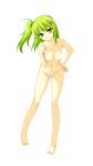  1girl areolae bare_shoulders barefoot barrette beatmania beatmania_iidx big_breasts blush breasts collarbone erika_(beatmania_iidx) feet female frown full_body green_eyes green_hair gynomorphous hair hair_ornament hairclip hand_on_hip head_tilt highres hips jpeg_artifacts kinoshita_ichi kitami_erika knees leaning_forward legs long_hair looking_at_viewer navel nipples no_pussy nude omitted_bits pointing side_ponytail simple_background solo standing toes white_background 