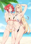 2girls bare_legs beach big_breasts bikini blue_sky cleavage heroine lindaroze matching_hair_and_eye_color mythra nintendo ocean pyra sling_bikini xenoblade_(series) xenoblade_chronicles_2