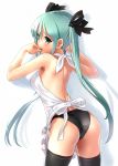  1girl apron aqua_eyes aqua_hair ass back bare_back bare_shoulders bikini_bottom black_legwear female fingernails green_eyes green_hair hair_ribbon katahira_masashi long_hair looking_back miku_hatsune nail_polish ribbon solo stockings swimsuit twin_tails vocaloid 