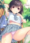 cameltoe finger_to_cheek legs_up lens_flare looking_at_viewer miniskirt non-nude original outside parted_lips partially_visible_vulva pink_panties school_uniform tamakake