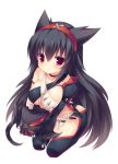  1girl ani_(artist) animal_ears ass black_hair breasts capcom female fishnets hairband long_hair monster_hunter nargacuga nargacuga_(armor) red_eyes simple_background smile solo thighhighs white_background 