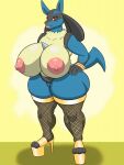  1girl big_ass big_breasts bimbofication blue_skin gen_4_pokemon lucario milf platform_shoes seductive stockings tail yellow_fur zeromccall 