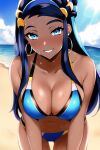 1girl alluring beach big_breasts bikini blue_sky cleavage nessa nessa_(pokemon) ocean pokemon pokemon_(anime) zengai