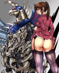 1_girl 1girl ass dress dress_lift dress_lifted_by_self female female_human garter_belt garter_straps gigan godzilla_(series) human kamisimo_90 monster partially_clothed standing stockings