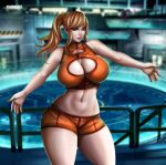 1girl arms_up big_breasts big_hips big_thighs black_eyebrows blonde_hair blue_eyes detailed_background female_only flowerxl high_resolution light-skinned_female light_skin long_hair looking_at_viewer loving_look metroid nintendo orange_shorts orange_topwear peony_lipstick red_ribbon_in_hair samus_aran spaceship_interior tomboy video_game_character