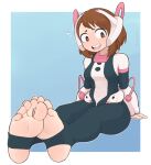 brown_eyes brown_hair cosplay feet foot_fetish nervous_smile ochako_uraraka softhanten