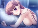  1girl arm arms bangs bare_shoulders bed bed_sheet big_breasts blush braid breast_press breasts brown_hair curtains female game_cg hair hair_bun hug hugging indoors inside komori_kei large_breasts lips long_hair looking_at_viewer lying neck night noel_maresse_ascot noel_marres_ascot nude on_stomach pillow purple_eyes room shiny shiny_hair shiny_skin sideboob smile solo under_covers upper_body walkure_romanze window 