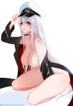 1girl 1girl 1girl azur_lane big_breasts black_coat breasts cleavage coat enterprise_(azur_lane) hat high_resolution long_hair military_hat nipples nude open_clothes open_coat peaked_cap purple_eyes tofuubear very_long_hair white_hair white_headwear