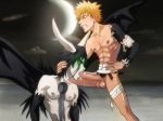  2boys abs anma bandages black_hair bleach chest fellatio green_eyes hair horns kurosaki_ichigo male monster multiple_boys muscle oral orange_hair pale_skin pecs torn_clothes ulquiorra_cifer wings yaoi 