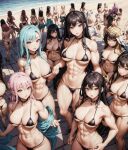 6girls alluring ass athletic_female beach big_breasts bikini black_bikini buff cleavage female_abs fit_female high_res long_hair medium_hair multiple_girls nightcore_(artist) ocean ponytail short_hair twin_tails voluptuous voluptuous_female