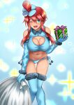 1_girl 1girl ;d adapted_costume alluring bare_shoulders big_breasts blue_eyes blue_gloves blue_legwear blue_panties blush box breasts christmas cleavage creatures_(company) crop_top elbow_gloves female female_human female_only fur_trim game_freak gift gift_box gloves gym_leader hair_between_eyes hair_ornament high_res human knees_together_feet_apart leaning_forward looking_at_viewer navel nintendo one_eye_closed open_mouth panties pokemon pokemon_(game) pokemon_bw red_hair sack santa_costume shirt short_hair_with_long_locks side-tie_panties sidelocks skyla skyla_(pokemon) sleeveless sleeveless_shirt smile solo standing stomach takecha underwear