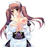 1girl areolae bad_id bare_shoulders blush breast_grab breast_slip breasts brown_eyes brown_hair copyright_request cum cum_on_body cum_on_breasts cum_on_upper_body erect_nipples female grabbing large_breasts long_hair maid nipples one_breast_out ookami_ryousuke ribbon sakimi_tama solo twintails