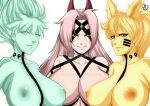 3girls aura big_breasts blonde_hair body_markings breasts byakugou canon_genderswap facial_markings female_only fox_ears genderswap genderswap_(mtf) glowing green_eyes hinata_hyuuga horns huge_breasts human jutsu kunoichi kyuubi_chakra_mode long_hair magatama naruko naruto naruto:_the_last naruto_uzumaki ninja nipples nude oppai pink_hair sakura_haruno sexy_no_jutsu sexydarkbr tenseigan_chakra_mode third_eye trio white_skin yellow_skin