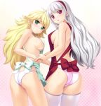  apron blonde blonde_hair female fujimiya_yuu green_eyes hadaka_apron hair hoshii_miki idolmaster long_hair looking_back naked_apron no_bra oppai oshiri panties red_eyes shijou_takane sideboob silver_hair solar_kaichuudentou thighhighs white_hair 