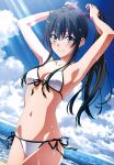 1girl 1girl adjusting_hair ahoge alluring arms_up beach bikini black_hair blue_eyes breasts closed_mouth cloud cowboy_shot hair_between_eyes high_res long_hair looking_at_viewer ocean official_art ponytail side-tie_bikini_bottom sky small_breasts smile stomach sun_flare swimsuit very_long_hair water white_bikini yahari_ore_no_seishun_lovecome_wa_machigatteiru. yukinoshita_yukino