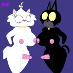 2futas animal_genitalia animal_penis anthro areola balls barbed_penis big_breasts black_fur breasts cartoon_network cat collar furry futa_only futanari hi_hi_puffy_amiyumi jang_keng looking_down nipples penis rarewaifus standing tekirai testicle thick_thighs white_fur wide_hips