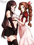  2_girls aerith_gainsborough bedroom_eyes brown_hair final_fantasy horny minacream naughty_face single_braid tifa_lockhart you_gonna_get_raped 