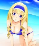 1girl beach bikini blonde_hair blue_eyes cecilia_alcott drill_hair face female hairband infinite_stratos kishida-shiki kneeling long_hair solo swimsuit