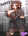 1girl agawa_ryou black_eyes blue_eyes boots breasts brown_hair cleavage earrings female goggles huge_breasts jewelry lips pants piercing shirt short_hair solo standing thick_thighs thighs wide_hips wrench