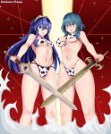  2021 2girls absurd_res alluring animal_print bikini blue_hair breasts byleth_(fire_emblem) byleth_(fire_emblem)_(female) chinese_zodiac cow_print falchion_(fire_emblem) fire_emblem fire_emblem:_three_houses fire_emblem_awakening fire_emblem_heroes happy_new_year high_res long_hair lucina lucina_(fire_emblem) multiple_girls navel new_year nintendo patdarux super_smash_bros. swimsuit sword teal_hair weapon year_of_the_ox 