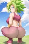 1girl anime ass big_ass big_breasts blue_eyes clouds dragon_ball dragon_ball_super earrings female_only fusion green_hair kefla looking_at_viewer looking_back mommy outside pawg saiyan smile smiling spiky_hair squatting thicc thick thick_ass thick_thighs