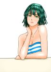 1girl bare_arms big_breasts blush cleavage closed_mouth collarbone dan_tetsuo dan_tetsuo_(artist) expressionless female_solo fubuki_(one-punch_man) green_eyes green_hair lips looking_at_viewer neck one-punch_man short_hair strapless striped striped_tubetop transparent_background tubetop