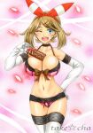  10s 1_girl 1girl ;d alluring bare_shoulders big_breasts blue_eyes bow bow_bra bow_panties box bra breasts brown_bow brown_hair cleavage collarbone cowboy_shot creatures_(company) earrings elbow_gloves erect_nipples eyebrows_visible_through_hair female female_human female_only game_freak gift gift_box gloves gluteal_fold hair_ribbon hairband hand_on_hip haruka_(pokemon) holding holding_gift huge_breasts human jewelry lingerie looking_at_viewer marker_(medium) may may_(pokemon) may_(pokemon_oras) midriff navel nintendo one_eye_closed open_mouth panties petals pink_background pink_bow pink_bra pink_panties pokemon pokemon_(game) pokemon_oras red_ribbon ribbon round_teeth short_hair short_twintails simple_background smile solo standing stockings stomach stud_earrings takecha teeth thigh_gap thigh_strap traditional_media twin_tails underwear valentine white_gloves white_legwear 