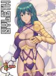 1girl alluring artist_name big_breasts bikini_armor blue_eyes breasts byleth_(fire_emblem) byleth_(fire_emblem)_(female) cleavage crossover female_only fire_emblem fire_emblem:_three_houses hilt isabella_valentine_(cosplay) light-skinned_female light_skin long_hair looking_at_viewer nahu nahusmash nintendo skindentation soul_calibur teal_hair under_boob vambrace weapon whip