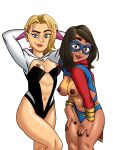  ass bangle bare_breasts belly_button bleepideeboop blonde_hair blue_eyes brown_eyes brown_hair dark-skinned_female dark_nipples ear_piercing gwen_stacy hoodie kamala_khan light-skinned_female long_hair marvel marvel_comics modified_costume ms._marvel muslim nipple_piercing older older_female puffy_areolae puffy_nipples sexy_clothes shaved_side short_hair spider-gwen superheroine young_adult young_adult_female young_adult_woman 