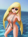  1girl beach big_breasts bikini blonde_hair blue_sky breasts creatures_(company) feet green_eyes grey_bikini hand_on_ear light-skinned_female light_skin lipstick long_hair lusamine_(pokemon) milf nintendo ocean open_mouth outside pale-skinned_female pokemon pokemon_sm saf-404 safartwoks safartworks seaside slim_thick sling_bikini straight sunglasses swimsuit tinted_eyewear v_string_bikini video_game_character 