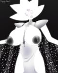 1girl accidental_exposure areolae big_breasts black_background black_lipstick blush breasts cape embarrassed female female_only gem gem_(species) gigantic_ass gigantic_breasts hourglass_figure huge_breasts looking_down mightycock nipples simple_background solo steven_universe white_body white_diamond_(steven_universe)