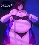 1girl black_hair bra breasts cookies-cat dark_background english_text female female_only high_res lingerie mei-ling_zhou mei_(overwatch) navel overwatch overweight panties purple_eyes short_hair smile solo_female suggestive teeth text undressing