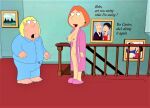 1boy 1girl areolae bathrobe black_eyes blonde_hair breasts bulge chris_griffin clothed clothing earrings english_text erect_nipples erection_under_clothes family_guy ginger_hair half-closed_eyes lois_griffin mother_and_son nipples open_mouth pussy shaved_pussy simple_background smile surprised surprised_expression tagme teen text thighs