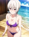 1girl alluring bare_legs beach big_breasts bikini cleavage cookiefudge magenta_eyes nakiri_alice ocean shokugeki_no_souma silver_hair