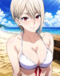 1girl alluring beach big_breasts bikini cleavage cookiefudge magenta_eyes nakiri_alice ocean shokugeki_no_souma silver_hair