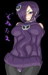 1girl bare_shoulders between_breasts black_legwear blue_eyes blush borrowed_character breasts female hair hair_ornament hair_over_one_eye highres large_breasts long_hair off-shoulder_sweater original pantyhose purple_hair skull_hair_ornament solo sweatdrop sweater_dress tentacle tentacles_under_clothes text translated under_clothes usukawa zone-tan