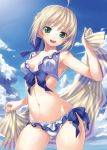  1girl :d aqua_eyes belly bikini blonde_hair cloud fate/stay_night fate/zero fate_(series) female frilled_bikini frills hair matsuryuu navel open_mouth saber sky smile solo swimsuit towel type-moon 