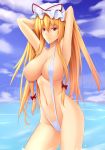 1girl armpits arms_up belly blonde_hair breasts curvy female hair large_breasts long_hair navel ocean pink_eyes shuugetsu_karasu sky sling_bikini solo swimsuit touhou water yakumo_yukari