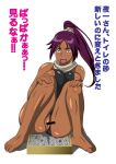  barefoot bleach censored kimosugidokuo litter_box long_hair open_mouth piss ponytail purple_hair pussy shihouin_yoruichi sitting text translation_request yellow_eyes 