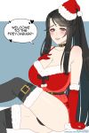 1girl alternate_costume bare_thighs beauty_mark big_breasts black_hair black_panties choker christmas christmas_outfit cleavage cryptid_crab english_text female_only fire_emblem fire_emblem_fates fur_trim huge_breasts long_hair looking_at_viewer mikoto_(fire_emblem) milf mole nintendo panties pantyshot pantyshot_(sitting) ponytail santa_costume santa_hat sitting smile solo_female stockings text thick_thighs thighs very_long_hair