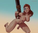 aloy angry_face big_breasts bound_arms captured facepaint horizon horizon_zero_dawn lewdpala long_hair nipples nude pussy_hair red_hair sweat tied tied_up