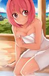  1girl bare_shoulders blush breasts collarbone female kami_nomi_zo_shiru_sekai nakagawa_kanon naked_towel pink_eyes pink_hair short_hair sitting smile solo soto_miyako towel wet wet_hair 